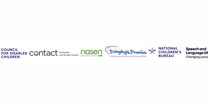 Logos for 'Early Years SEND partnership', 'Council for disabled children', 'contact', 'nasen', 'Dingleys Promise', 'national children's bureau', 'speech and language UK changing young lives' and 'nasen 2022 awards shortlisted'.