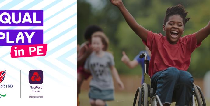 equal play in pe campaign by ParalympicsGB alongside proud partner NatWestThrive. Photo of a child in a wheelchair taking part in sports