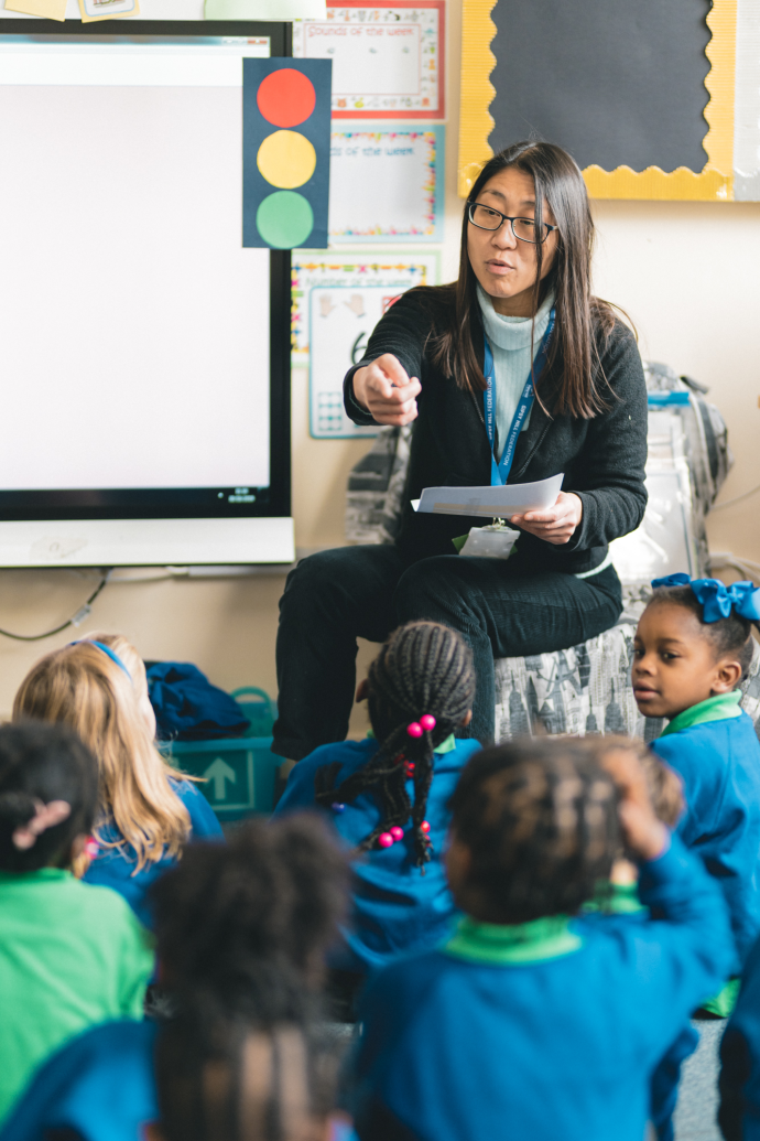 Teacher speaking to Children in a primary classroom