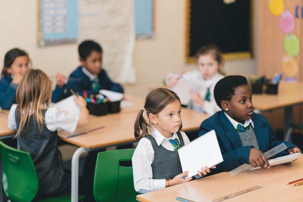 Image shows a group of primary school children in a classroom 